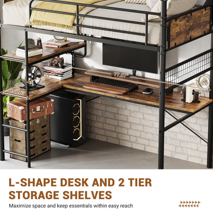 GarveeHome Loft Bunk Bed with L-Shaped Desk, Twin Loft Bed with Desk Underneath, Metal Bunk Beds with High Guardrail and Ladder for Kids/Teens/Adults, Easy Assembly, Vintage Brown