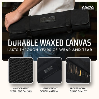 Asaya Waxed Canvas Chef Knife Roll Bag with 10 Slots and a Zipper Pocket - Professional Chef Knife Bag & Storage Case, with Shoulder Strap - Knives Not Included (Black)