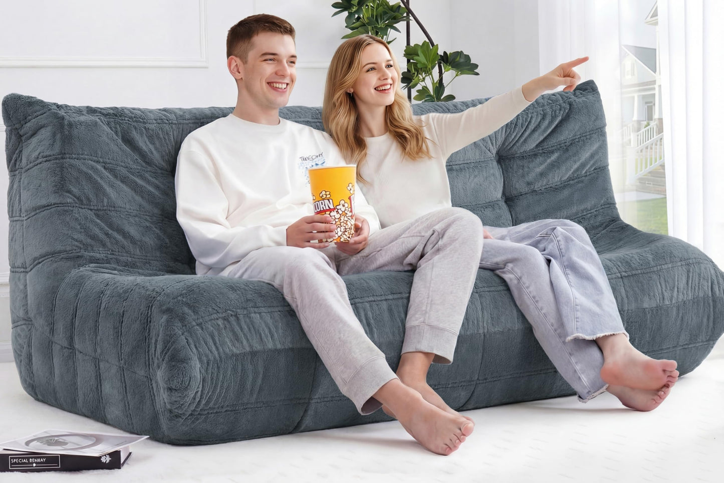 Cansunna Bean Bag 3-Seater Chair Big Sofa Beanbag Chair for Adults Fireside Chair Bean Bag Lounger with Memory Foam Filled for Home,Apartment or Gaming Venue（Grey Plush）