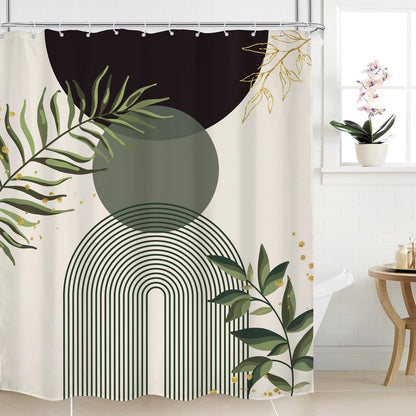 Mitpok Dark Green Boho Shower Curtain 60Wx72H Teal Green Modern Bohemian Mid Century Abstract Gold Leaves Plant Bathroom Decor Minimalist Geometric Neutral Bath Curtain Fabric Polyester 12 Pack Hooks
