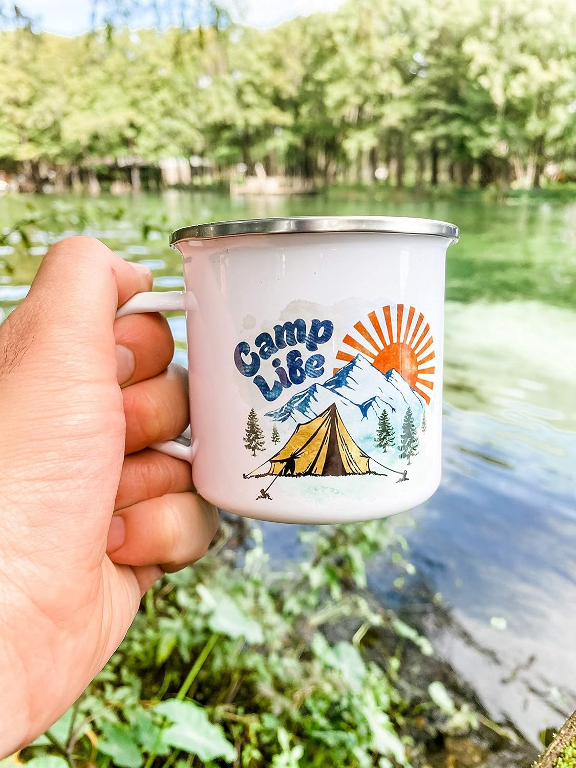 Camp Life Enamel Campfire Mug, 12oz Outdoor Coffee Cup, Mountain Nature Hiking Lover Gift