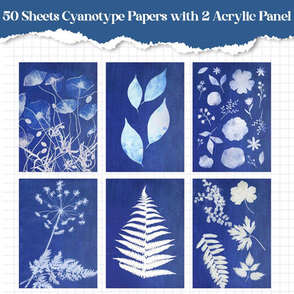 50 Pcs Sun Printing Kit Cyanotype Paper, A5 Sun Print Paper with 2 Plastic Tools for Sunprint, Light Sensitive Solar Photography Kit for DIY Crafts Project (5.8x8.3 Inch)