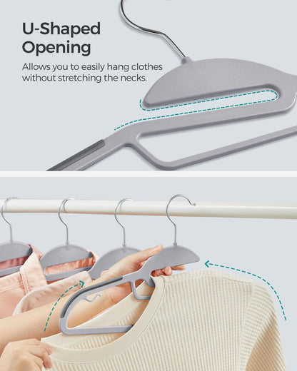 SONGMICS 50 Pack Coat Hangers, Heavy-Duty Plastic Suit Hangers, S-Shaped Opening, Space-Saving, 360º Swivel Hook, 16.3 Inches Wide, Light Gray and Dark Gray UCRP41G-50