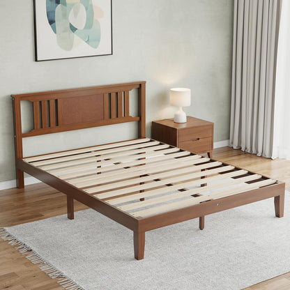 HAPPYMONT Solid Wood Bed Frame, Queen Size Platform Bed Frame with Headboard, Sturdy Wood Slat Support, Heavy Duty Pine Wood Bed Frame for Bedroom, No Box Spring Needed