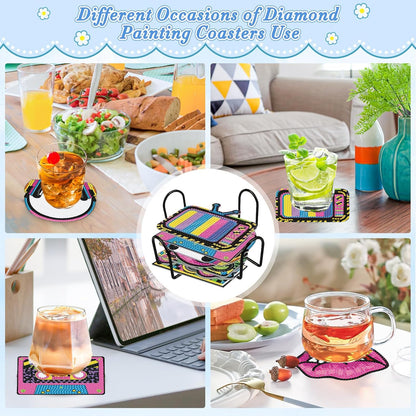 8Pcs 80s 90s Diamond Art Painting Coasters Kit with Holder Retro 1980s 1990s Hip Hop Throwback Gem Mosaics Arts Rhinestone Painting Coasters Crafts for Adults Handmade Gifts Home Decoration Supplies