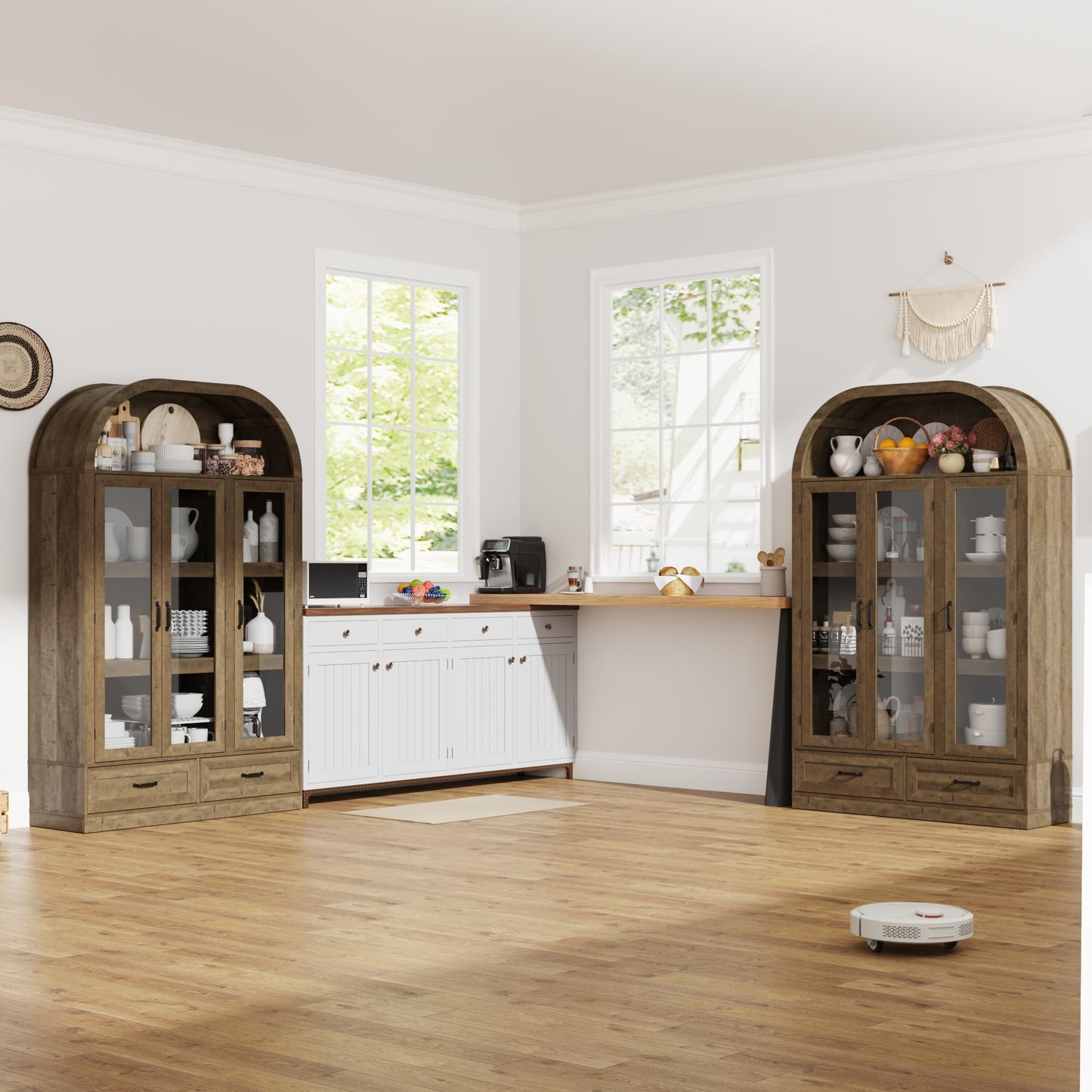 chartustriable 73" Tall Arched Kitchen Pantry Cabinet w Load-Bearing Steel Pipe,Modern Farmhouse Kitchens Storage Cabinet with Drawer and Glass Doors,Tall Arched Bookcase,Pantry Organizer(Natural)