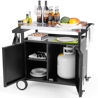 OuterMust Grill Table Outdoor Kitchen Cabinet, Moveable Outdoor Prep Table & Bar for Storage, Grilling and Pizza Oven, Multifunctional Silver & Black