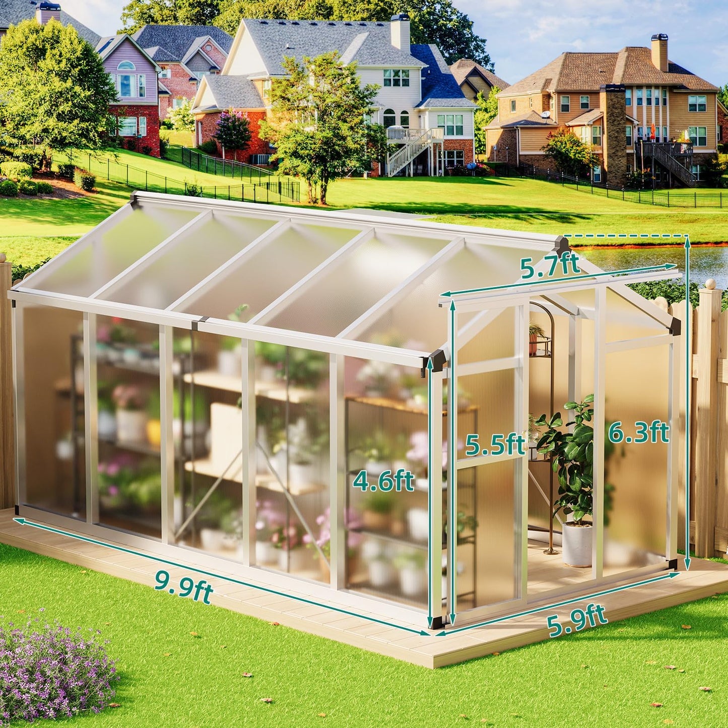 6x10 FT Greenhouse - Large Aluminum Greenhouses for Outdoors, Heavy Duty Polycarbonate Greenhouse with Roof Vent&Ground Nails, Walk-in Green Houses for Garden, Backyard, Patio, Easy Assembly