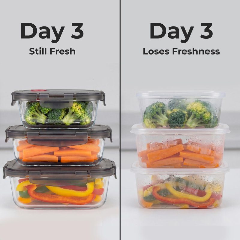 Clutterix Borosilicate Glass Airtight Food Storage Containers with Vented Lids, Assorted Set of 6 (3 Rectangular & 3 Square)