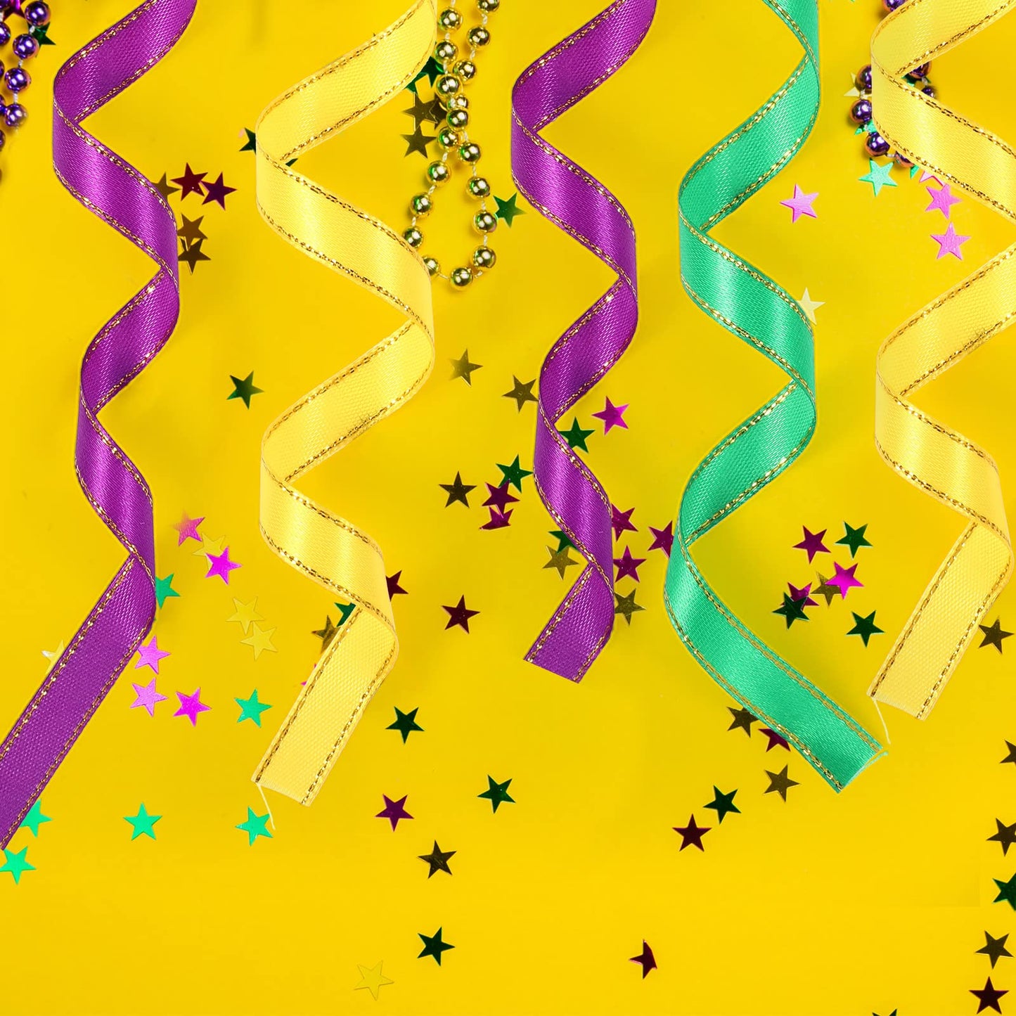 6 Rolls 0.4 Inch Mardi Gras Ribbon Wide Satin 150 Yard Yellow Green Purple Thin Ribbon for Ornaments Metallic Glitter Ornament Festival Wired Fabric for Wrapping Mardi Gras Decor Party Supplies