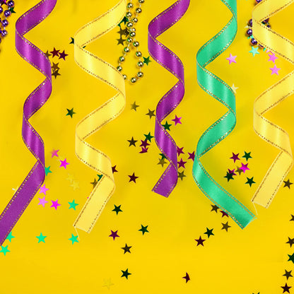 6 Rolls 0.4 Inch Mardi Gras Ribbon Wide Satin 150 Yard Yellow Green Purple Thin Ribbon for Ornaments Metallic Glitter Ornament Festival Wired Fabric for Wrapping Mardi Gras Decor Party Supplies