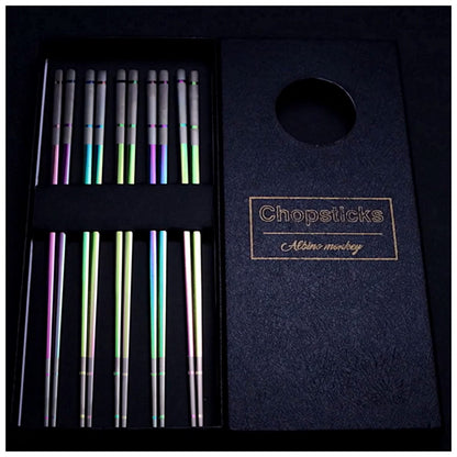 Albino Monkey Reusable Chopsticks - Extra Long 9" - 5 Pairs per Pack - Made of Food-Safe Stainless Steel - Holographic Design - Asian Dining Utensils for Home Kitchen & Restaurants - Nice Giftable Box