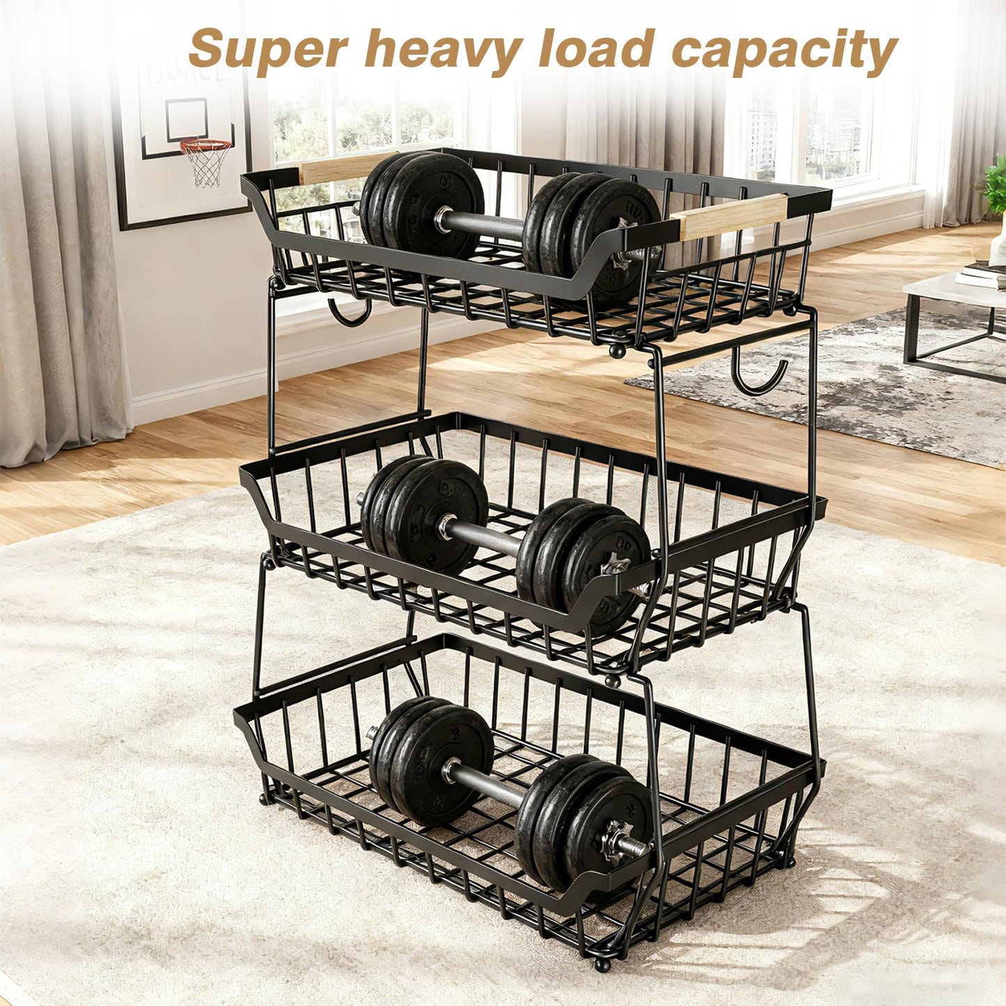 3 Tier Fruit Basket for Kitchen Counter with 2 Banana Hangers, Countertop Metal Fruit Bowl with Wooden Handle, Large Capacity Metal Wire Fruits Stand Organizer for Fruits Vegetables Breads Coffee Can