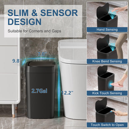 Vanpopubs 2 Pack 2.7 Gal Bathroom Trash Can with Lid, Automatic Trash Can Small Smart Garbage Can Touchless, Slim Motion Sensor Waterproof Plastic Trash Bins for Bedroom Office Kitchen Toilet Black