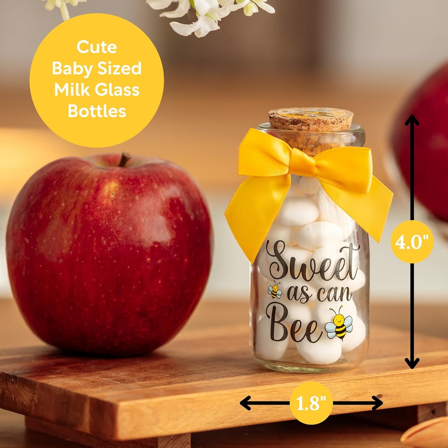 12 Pack Ethisa Vintage Bee Party Favor Glass Bottles with Ribbons and Stickers - Classy Baby Shower and Birthday