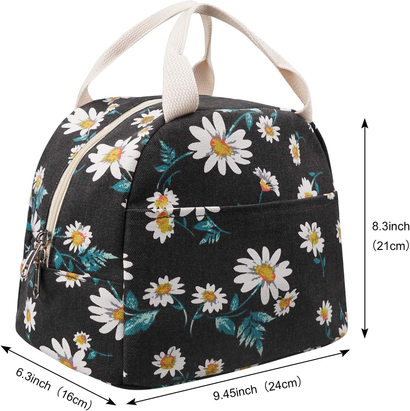 EurCross Women's Lunch Bags for Work, Chic Floral Daisy Pattern Canvas Insulated Black Lunch Tote Bag Carrier