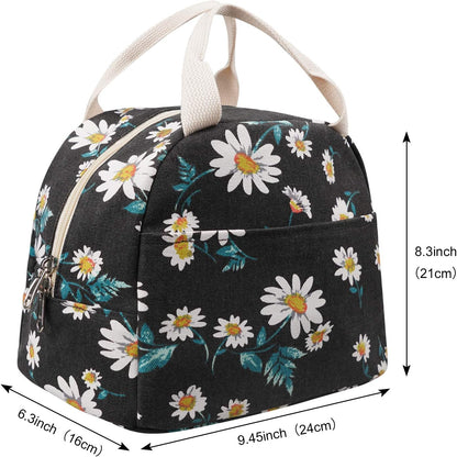 EurCross Women's Lunch Bags for Work, Chic Floral Daisy Pattern Canvas Insulated Black Lunch Tote Bag Carrier
