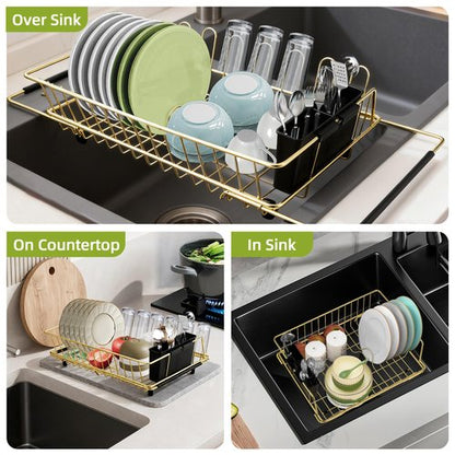 HAYAWEY Golden Expandable Dish Drying Rack-Extra Large Stainless Steel Dish Drainer Over The Sink for Kitchen Countertop with Utensil Holder, Applicable for Sink Width 16'-22' (Gold,23.2'*12.2')