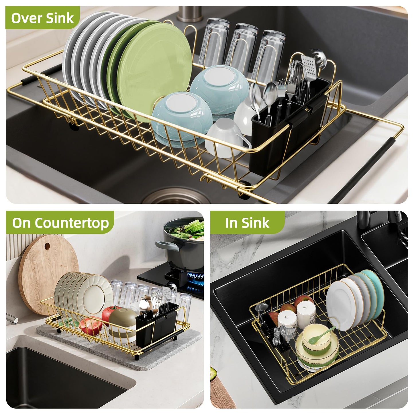 HAYAWEY Golden Expandable Dish Drying Rack with Silicone Drying Mat-Extra Large Stainless Steel Dish Drainer Over The Sink with Utensil Holder, Applicable for Sink Width 16'-22' (Gold,23.2'*12.2')