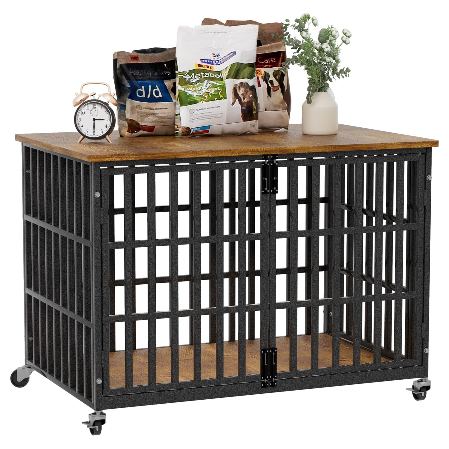 38 Inch Dog Crate Furniture, Heavy Duty Wooden Dog Kennel for Large Dogs, Chew Proof & Escape-Proof Indoor Dog Cage with TV Stand, for Anxious Dogs, Black Brown Cabinet