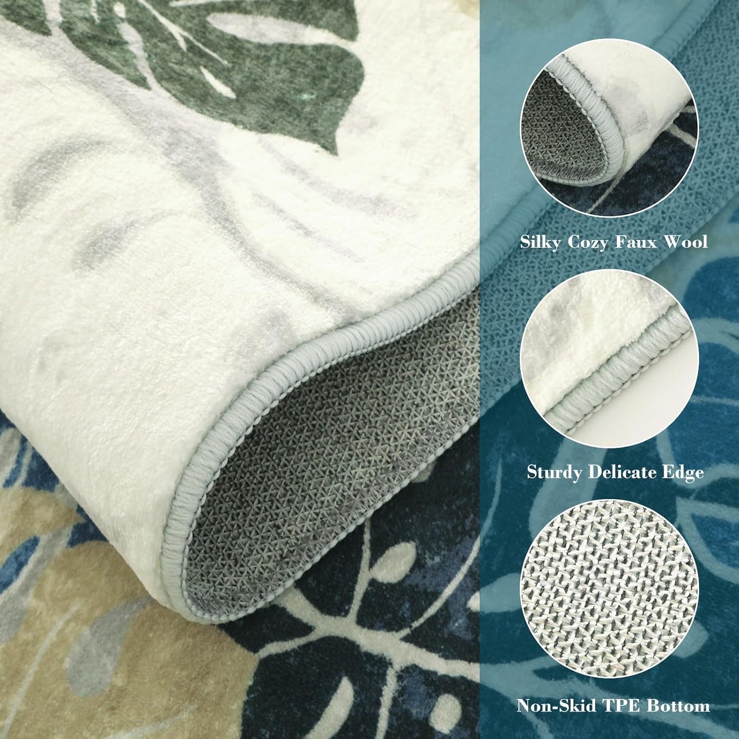 2x3 Wonnitar Kitchen Sink Rug, Machine Washable Blue Bathroom Leaf Rugs, Monstera Coastal Non-Skid Bedside Accent Mat
