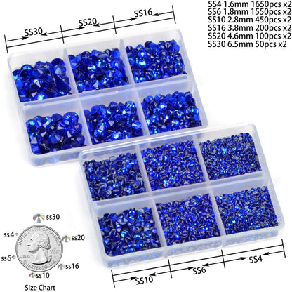 8000pcs Hotfix Rhinestones Flatback,Rhinestones for Crafts Clothes Mixed 6 Sizes, Hotfix Crystals with Wax Pencil Kit, SS4-SS30,Sapphire