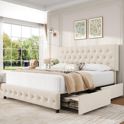 Keyluv Modern Queen Size Upholstered Bed Frame with 4 Storage Drawers, Button Tufted Headboard Design, Solid Wooden Slat Support, Easy Assembly, Soft Velvet, Beige