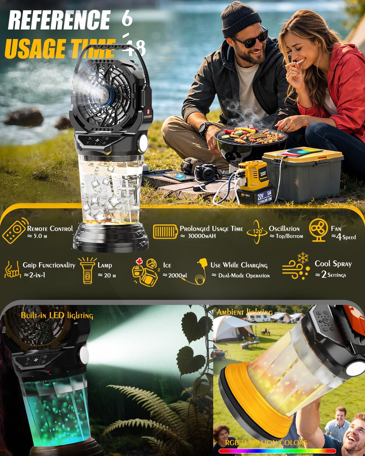2026 New Portable Misting Fan with 30000mAh Rechargeable Battery, 120° Auto Oscillating Battery Powered Fan, 4 Speeds Spray Fan with LED ambient light for Camping, Patio, Outdoor, Travel (Black)