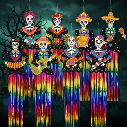 Kigley 8 Pcs Day of the Dead Sugar Skull Hanging Decorations Large Skeleton Dia De Los Muertos Party Decorations Sugar Skull Decor with Tassels Ropes for Halloween Party Outdoor Home 39.4 x 8.7 in