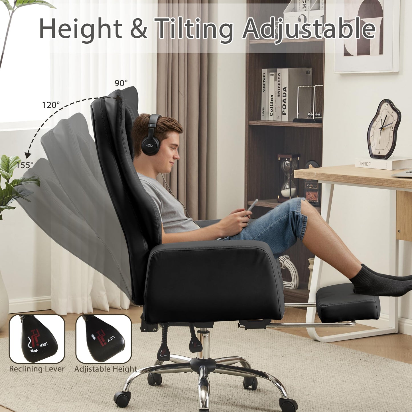 Ergonomic Cloud Cross Legged Office Chair with Footrest,Leather Big and Tall Executive Chair with Wheels,Reversible Armrest,155° Reclining Computer Wide Desk Chair for Home,Office (Black)