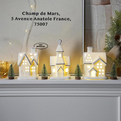 White Christmas Village Houses - 3Pcs Glazed Ceramic Houses with Trees | Light Up Xmas Decor Set