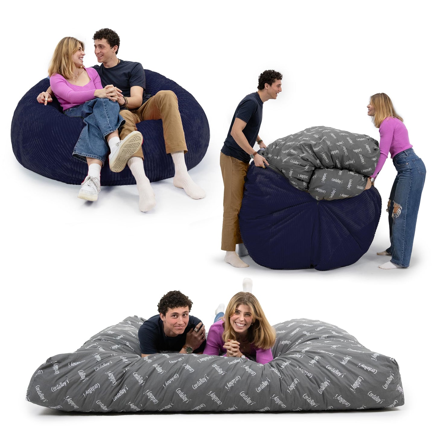 CordaRoy's Plush Bean Bag - Convertible Bean Bag Chair - Machine-Washable Plush Fabric Cover - for Basement, Living Room, Game Room, Dorm & More - King Size - Indigo | Made in The USA
