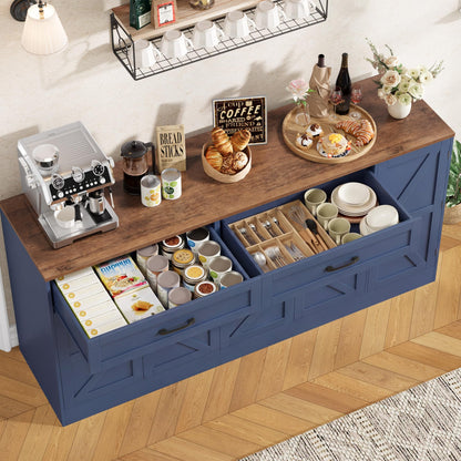 BOTLOG 71” Large Sideboard Buffet Cabinet with Storage, Farmhouse Buffet Cabinet with Adjustable Shelves and 3 Door Shelves, Wood Coffee Bar Console Table for Kitchen, Dining Room (Blue)