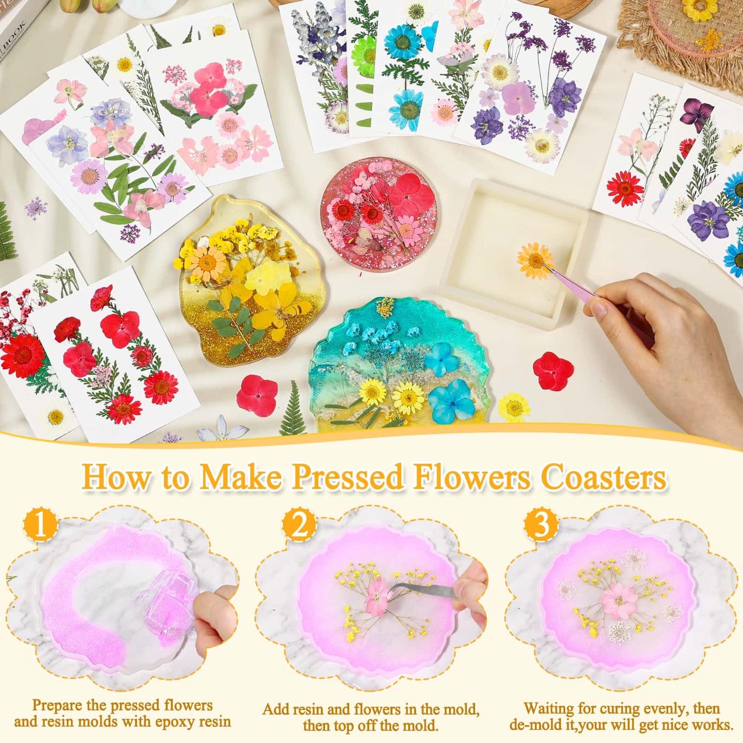200 Pcs Dried Pressed Flowers for Crafts, 20 Sheets Real Dry Florals and Leaves Bulk with Tweezer for Resin Molds Candle Soap Making Scrapbook Bookmarks Frames Supplies Kit Nail Art Makeup Decor