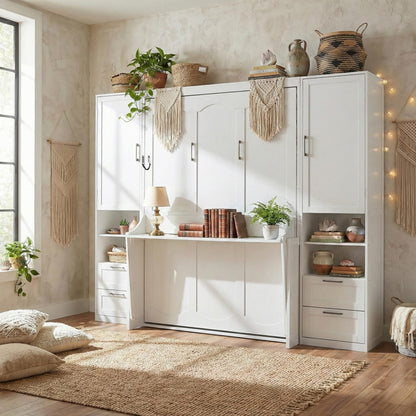Merax Queen Size Murphy Bed with Desk, Multifunctional Foldable Wall Bed with Closet, Drawers and Shelves, Space-Saving Wood Platform Bed Frame for Small Spaces Studio Study Office Guest Room, White