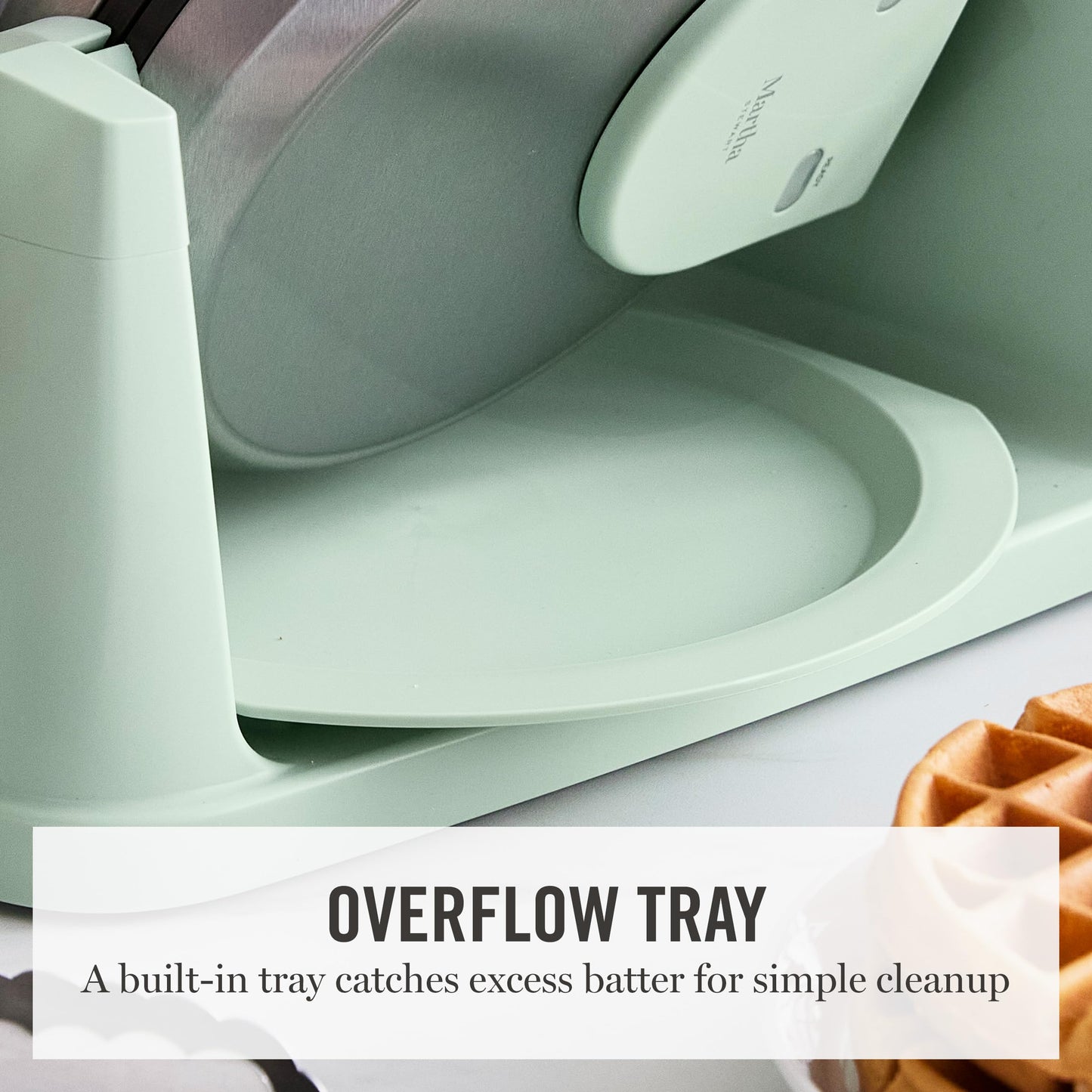 Martha Stewart Rotating Waffle Maker, 180° Flip Iron with PFAS-Free Nonstick Plates, Adjustable Timer, Ready Light, Drip Tray, Space Saving, Classic Round 7”, Easy to Clean, Stainless Steel, Honeydew