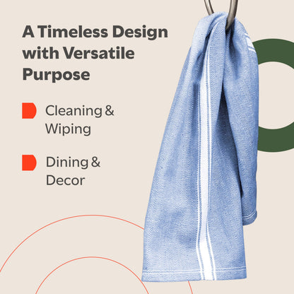 Zeppoli Classic Kitchen Towels - 15 Pack 100% Natural Cotton Towel Set, Reusable Wash Cloths, Absorbent Dish Towels, Machine Washable Hand Towels, Kitchen Essentials - 14” by 25” - Blue Base