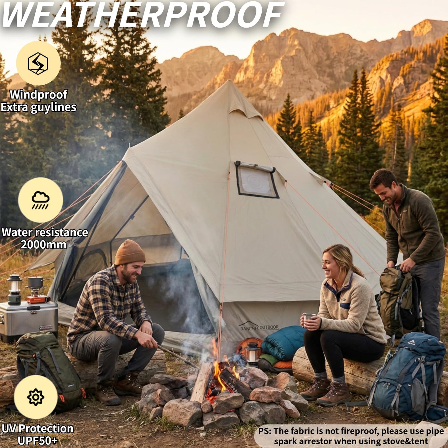 DANCHEL OUTDOOR B2A Portable Bell Tent No Center Pole, 4 Season Yurt with Stove Jack Spacious Interior for 4 Person Camping Hiking Glamping 300D Oxford Nylon,16.4ft/5m Khaki