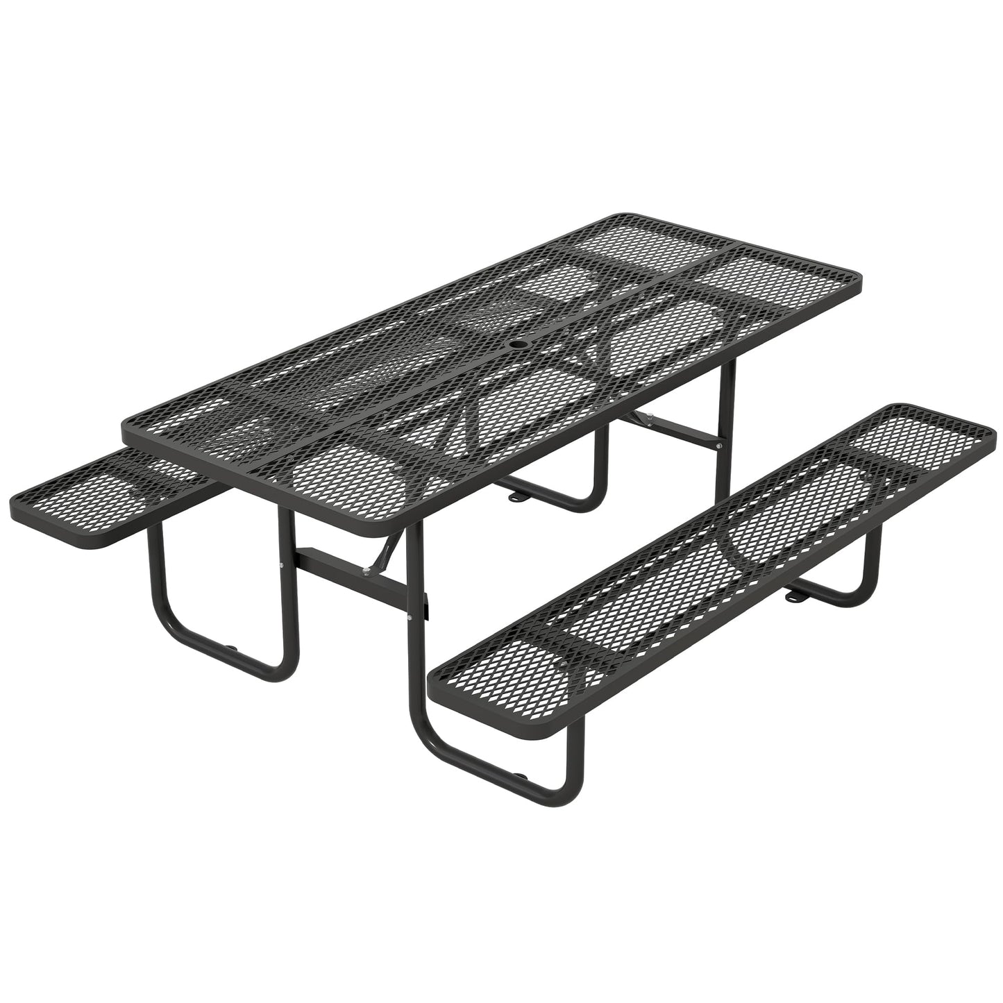 Dvasovio 72 Inch Rectangular Metal Picnic Table with 1.73" Umbrella Hole, Heavy-Duty Steel Mesh Table Set, Weather Resistant Sturdy Outdoor Furniture, for Patio, Garden, Courtyard & BBQ, Black