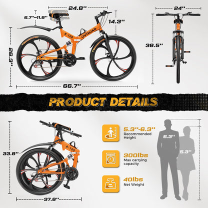 Outroad 26 Inch Folding Mountain Bike, 21 Speed Full Suspension High-Carbon Steel MTB Foldable Bikes, Dual Disc Brake Non-Slip Folding Bicycle for Adults/Men/Women, 26 inch-Orange