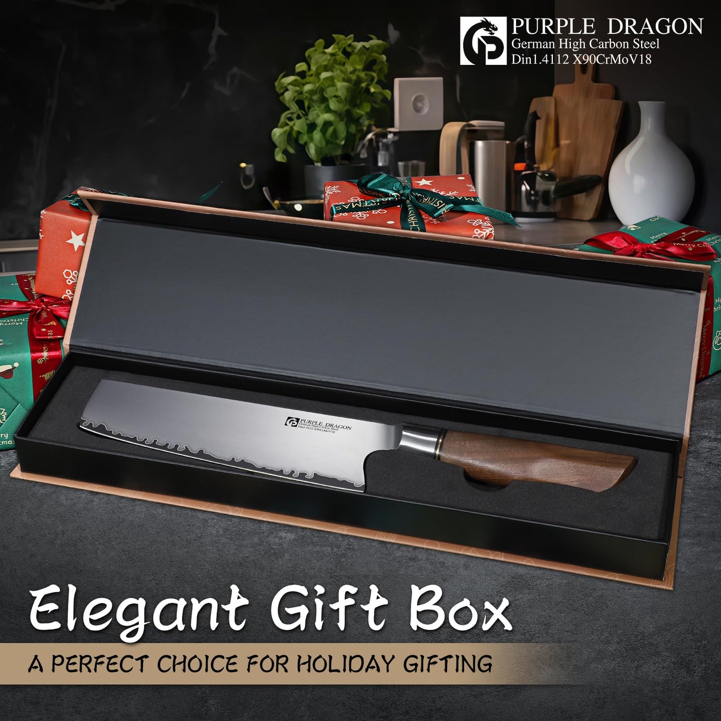 Purple Dragon Santoku Knife 7 Inch Japanese Chef Knife for Chopping Meat Cutting Vegetables, German Vg10 Steel Blade, Ergonomic Wooden Handle Christmas Gift for Men and Women