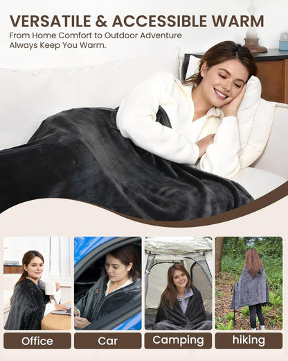Cordless Heated Blanket with Hood, USB Battery Powered Heated Wearable Blanket with 9 Heating Zones, 20000 mAh Power Bank, 3 Levels, Portable Heated Throw Blanket, Heated Shawl (Warm Comfort Gray)