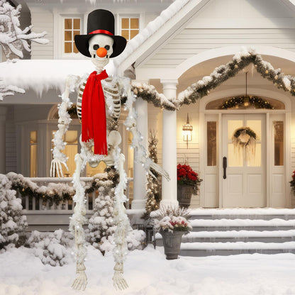 Geyoga 9 Pcs 12 ft Skeleton Christmas Snowman Costume Kit Includes Santa Top Hat, Red Scarf, Carrot Nose 6 Pcs Christmas White Garlands for Skeleton Clothes Accessories Set Winter Party Garden Decor