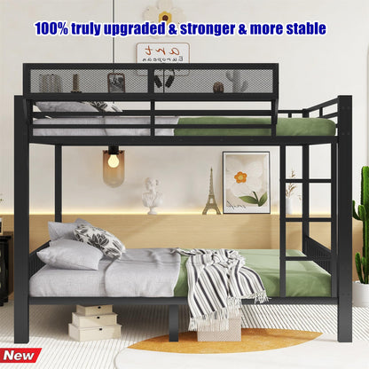QLUSAN Upgraded & Stronger Heavy Duty Metal Bunk Bed Queen Over Queen Size, Safer Thickened More Stable Bunkbed Bunk Bed Frame (Easier to Assemble) (Queen Over Queen-A)