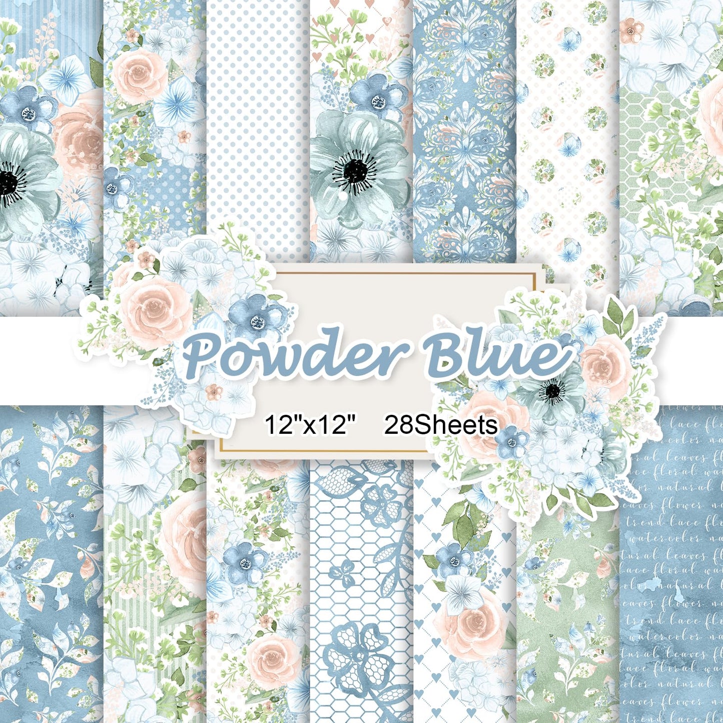 28 Sheets Scrapbook Paper, Floral Scrapbooking Specialty Papers 160gsm Cardmaking Craft Paper Pack Decorative Paper for Card Making (12"X12" Inch, Powder Blue Flowers)