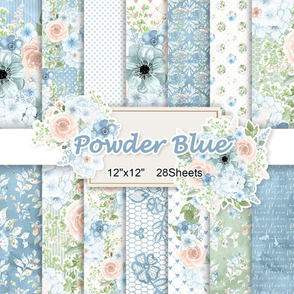 28 Sheets Scrapbook Paper, Floral Scrapbooking Specialty Papers 160gsm Cardmaking Craft Paper Pack Decorative Paper for Card Making (12"X12" Inch, Powder Blue Flowers)
