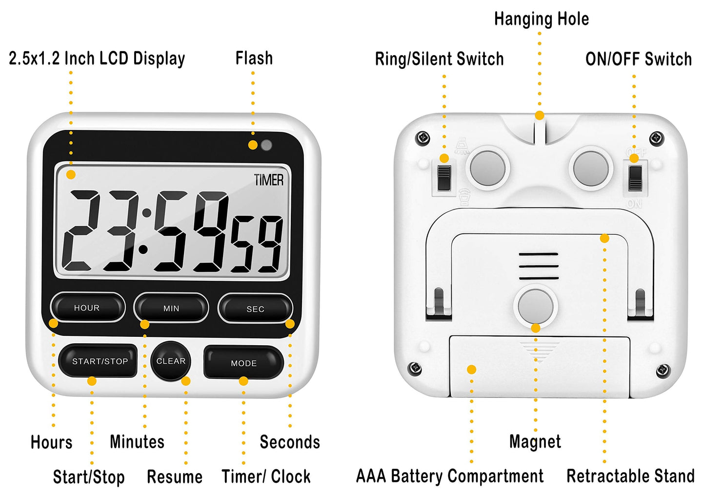 KTKUDY Digital Kitchen Timer with Mute/Loud Alarm Switch ON/Off Switch, 12-Hour Clock & Alarm, Memory Function Count Up & Count Down for Kids Teachers Cooking, Large LCD Display, Strong Magnet (Black)