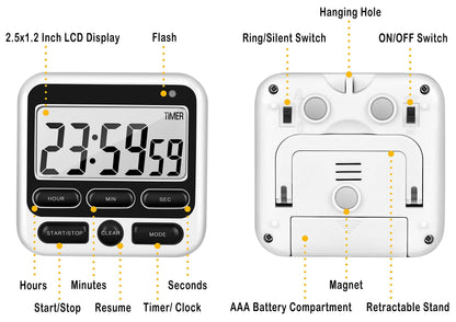 KTKUDY Digital Kitchen Timer with Mute/Loud Alarm Switch ON/Off Switch, 12-Hour Clock & Alarm, Memory Function Count Up & Count Down for Kids Teachers Cooking, Large LCD Display, Strong Magnet (Black)