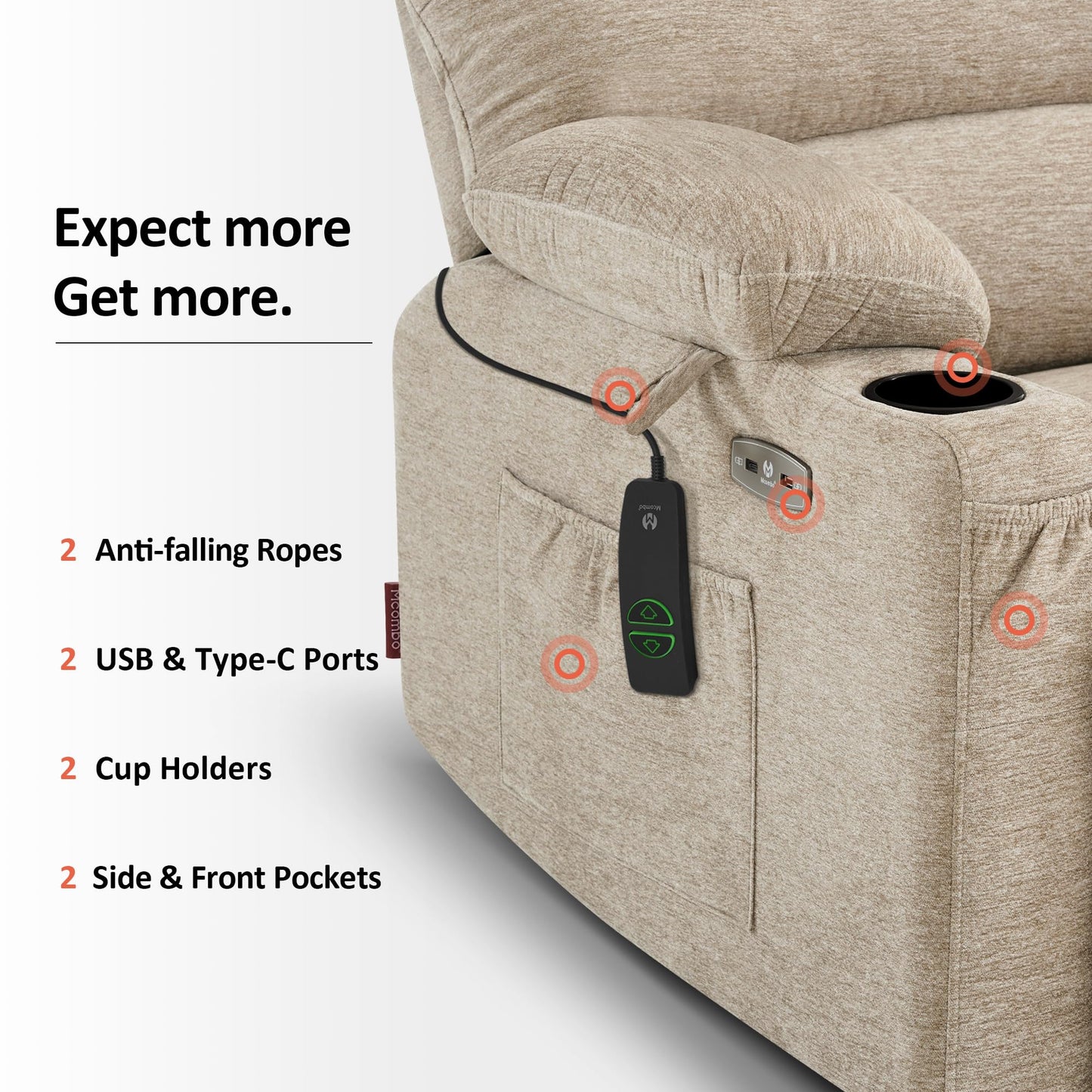 MCombo Power Lift Recliner Chair for Elderly, Lift Chair with Heat and Massage, USB &Type C Ports, Cup Holders, Fabric 7095 (Medium, Beige)