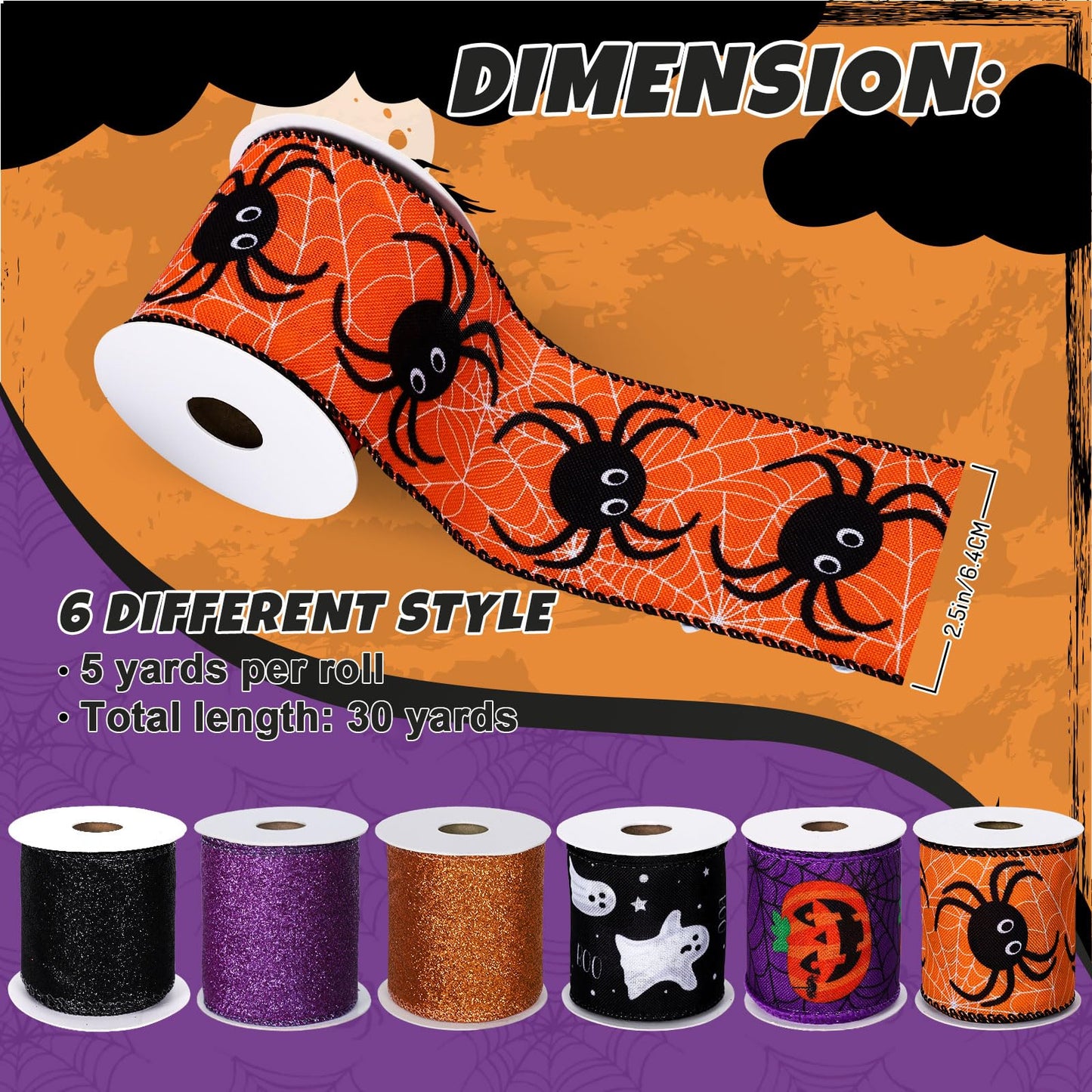 Whaline 6 Rolls Halloween Wired Edge Ribbon 2.5 Inch 30 Yards Glitter Purple Orange Black Ghost Boo Pumpkin Spider Printed Ribbon for Bow Wreath Craft Gift Wrap Party Decor